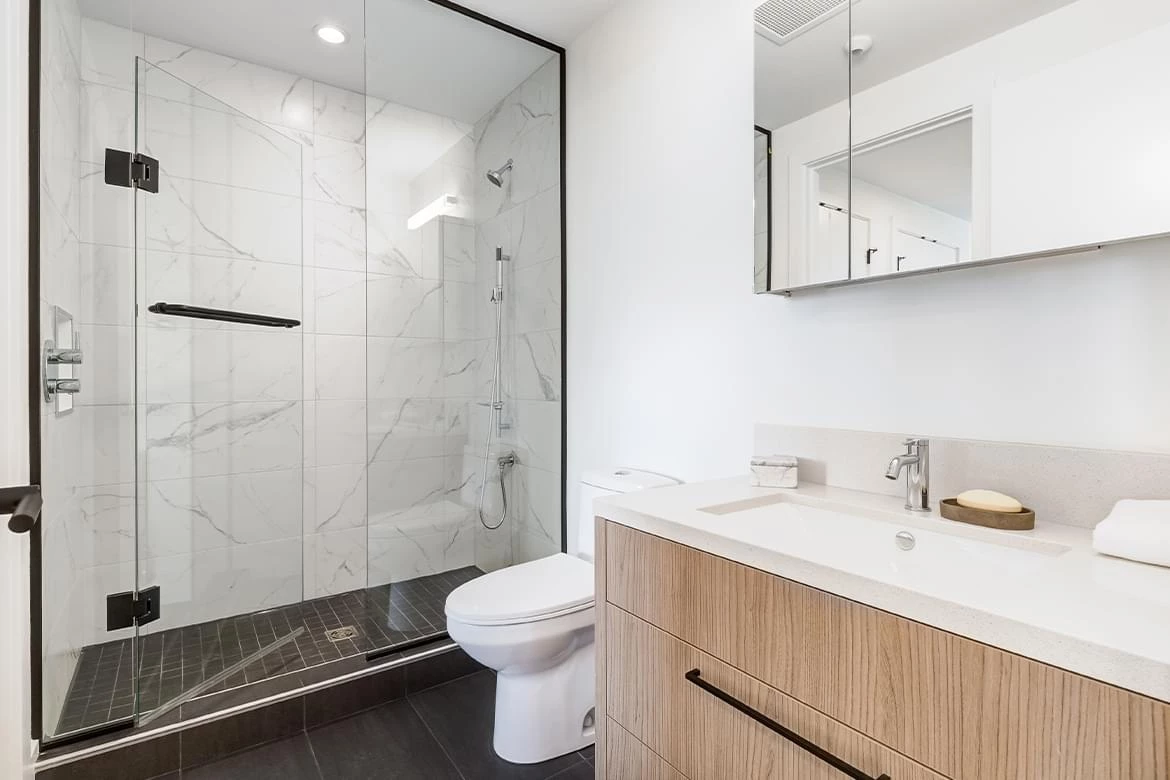 1-bedroom suite bathrooms feature quartz countertops and chrome fixtures