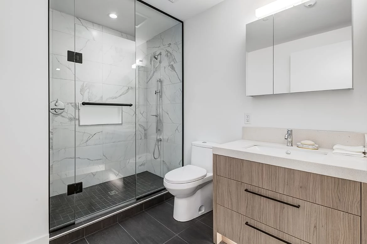 2-bedroom bathrooms include quartz countertops & chrome fixtures