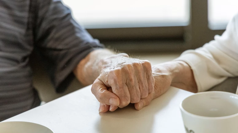 Two seniors holding hands