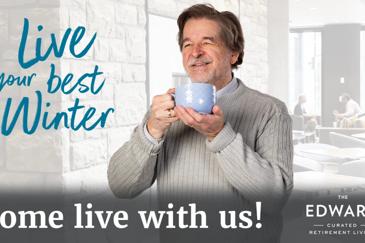 Live your Best Winter banner featuring a man holding a coffee cup in his hands and smiling. He is in a grey sweater and has a beard.